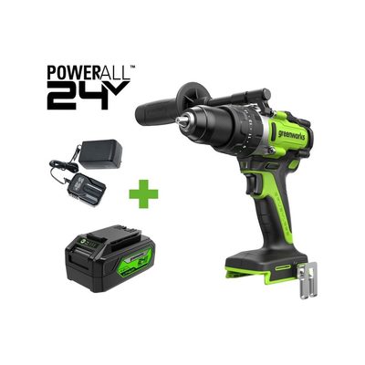 Дрель-шуруповерт ударная GreenWorks GD24DD140, 24V, б/щет, 0-550/0-2100об/мин, 70/140Нм, Anti-kickback, 1x4Ач, ЗУ, коробка 3707607VUB