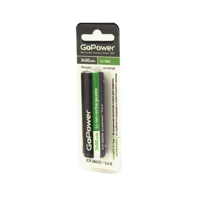 Аккумулятор GoPower Li-ion 18650 (Pan. NCR18650B) BL1 3.6V 3400mAh с защитой высокий контакт 00-00015350