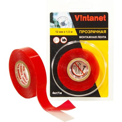 Монтажная двусторонняя клейкая лента VINTANET 135, прозрачная, 12 мм х 1,5 м VN1351215