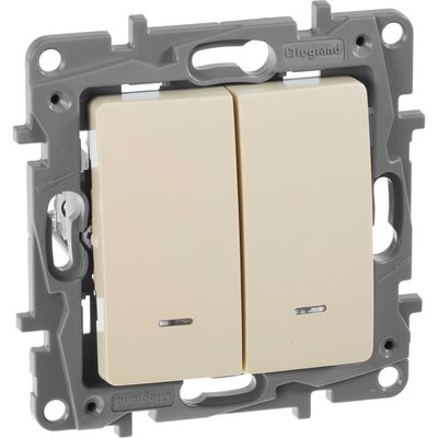 Выключатель Legrand двухклавишный с подсветкой/индикацией Legrand Etika 10А 250В безвинтовые зажимы слоновая кость 672304