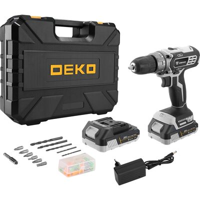 Аккумуляторная дрель-шуруповерт DEKO DKCD20 Black Edition SET 3 в кейсе + набор 63 инструмента, 20В, 2.0Ач 063-4050