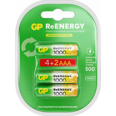 Перезаряжаемые аккумуляторы GP 100AAAHC, емкость 1000 мАч - 6шт 100AAAHC4/2-2CR6 15920387