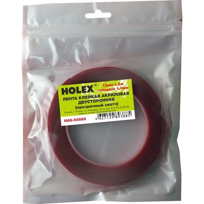 Акриловая двусторонняя клейкая лента Holex 12 мм х 5 м, 1 мм, прозрачная, блистер HAS-93885