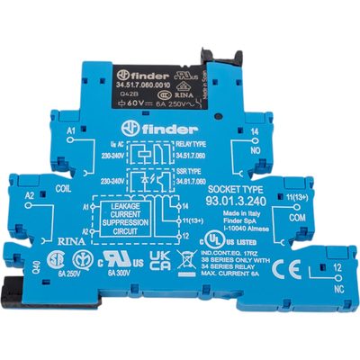 Интерфейсный модуль реле Finder, 1 CO конт. 6а 230-240в Ac, винт. зажимы, 385132400060